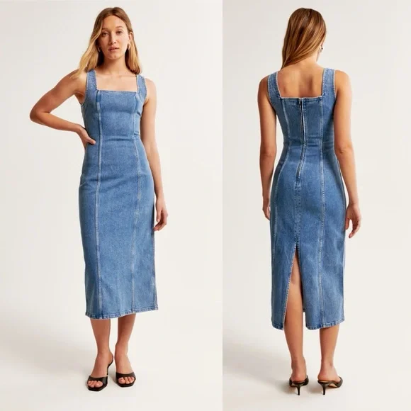 Abercrombie Denim Column Midi Dress size medium Jean sleeveless square neck - Picture 1 of 9